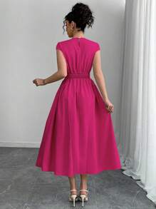 Chiquease Đầm nữ tay ngắn trang trí nơ màu trơn thanh lịch - Màu Hồng Tươi - Xem 2