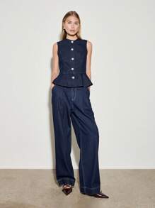 AiiRZ Top con chaleco de mezclilla con volante sin mangas, con botones delanteros, índigo crudo, con estructura ajustada, prenda de trabajo profesional, pieza de declaración de moda para primavera y verano - Azul - Ver 5