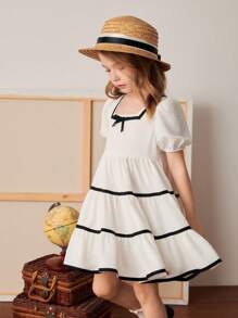 PrepCrw Vestido branco estilo universitário com acabamento em cor contrastante e corte A para meninas, primavera/verão - Branco - Ver 3