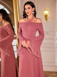 Modelyn Women's Solid Color Halterneck Flare Sleeve Halter Midi Dress, Elegant Wedding Party Dinner Dusty Rose Autumn - Pink - View 1