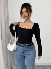 Arcane Artistry Áo thun nữ cổ vuông tay dài màu đen viền bèo nhún thanh lịch ôm sát vừa vặn - màu đen - Xem 6