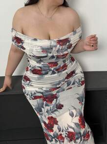 Vibekara Plus Size Women's Off Shoulder Printed Fish Hem Dress - Beige - View 1