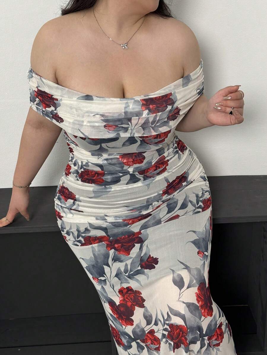 Vibekara Plus Size Women's Off Shoulder Printed Fish Hem Dress - Beige - View 1