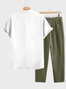 Manfinity BRENVOR 2pcs Men's Woven Fitted Raglan V-Neck Short Sleeve Casual Shirt Set, Cozy Outfits - Army Green - View 2