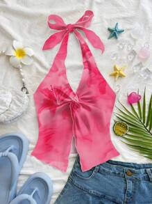 Soleia Camisole dos nu à imprimé floral rose sexy et à la mode, avec lien torsadé et fente sur le devant, idéale pour l'été - Rose bonbon - Voir 3