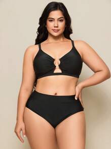 Swim Basics Solid Color Bikini Set, Ruffled Straps, Adjustable Shoulder Straps, High Waist Bottom, 2 Pieces Swimwear Set, Plus Size For Summer Beach Vacation - Black - View 3