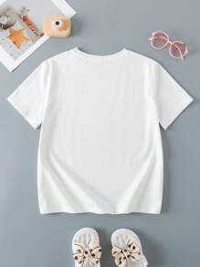 SHEIN X Care Bears Tween Girls White Satin Short Sleeve T-Shirt With Round Neck And Regular Hem Featuring A Cute Graphic Perfect For Everyday Wear - White - View 2