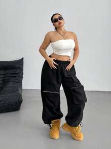 POPSWAY Pantaloni cargo dritti neri casual con tasche con zip, taglie comode per donne