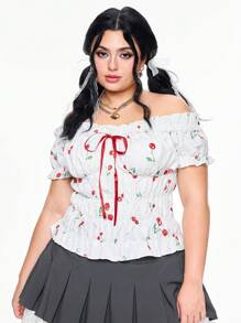 ROMWE Kawaii Plus Size Women Retro Cottagecore Cherry Embroidered Off Shoulder Lace Trim Blouse - White - View 5