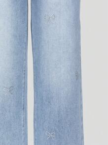 Tween Girls Fashion Light Blue Washed Denim Butterfly Rhinestone Embellished Loose Wide Leg Casual Elastic Waist Jeans - Light Wash - View 6