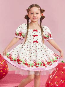 Strawberry Shortcake X SHEIN Vestido corto de manga corta blanco con estampado de flores y fresas, dulce y con diseño de dibujos animados, para niñas jóvenes - Blanco - Ver 3