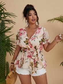 Flirla Große Größen V-Ausschnitt Rüschenärmel Chiffon bedruckte Taille geschnürt A-Linie elegante Vintage Sommer Urlaubs Bluse für Frauen - Verschiedenfarbig - Übersicht 3