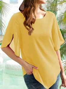 INAWLY Áo cánh hoa cổ tròn màu trơn đơn giản cho nữ mùa hè - Màu vàng - Xem 3