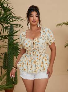 Flirla 大码女式黄色碎花腰带短袖衬衫 - 黃色 - 查看 3