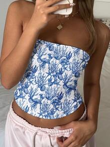 SHEIN EZwear 女式休闲露肩紧身上衣，全身海浪印花图案，适合夏季和度假 - 白色 - 查看 4