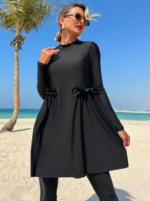 Swim Mulvari New Women's Beach Summer Two Pieces Swimwear. Black. Crew Neck Long Sleeve, Ruffle Waist Design, Modest Cover-Up Pants, Conservative Resort Burkini Set - Black - View 4