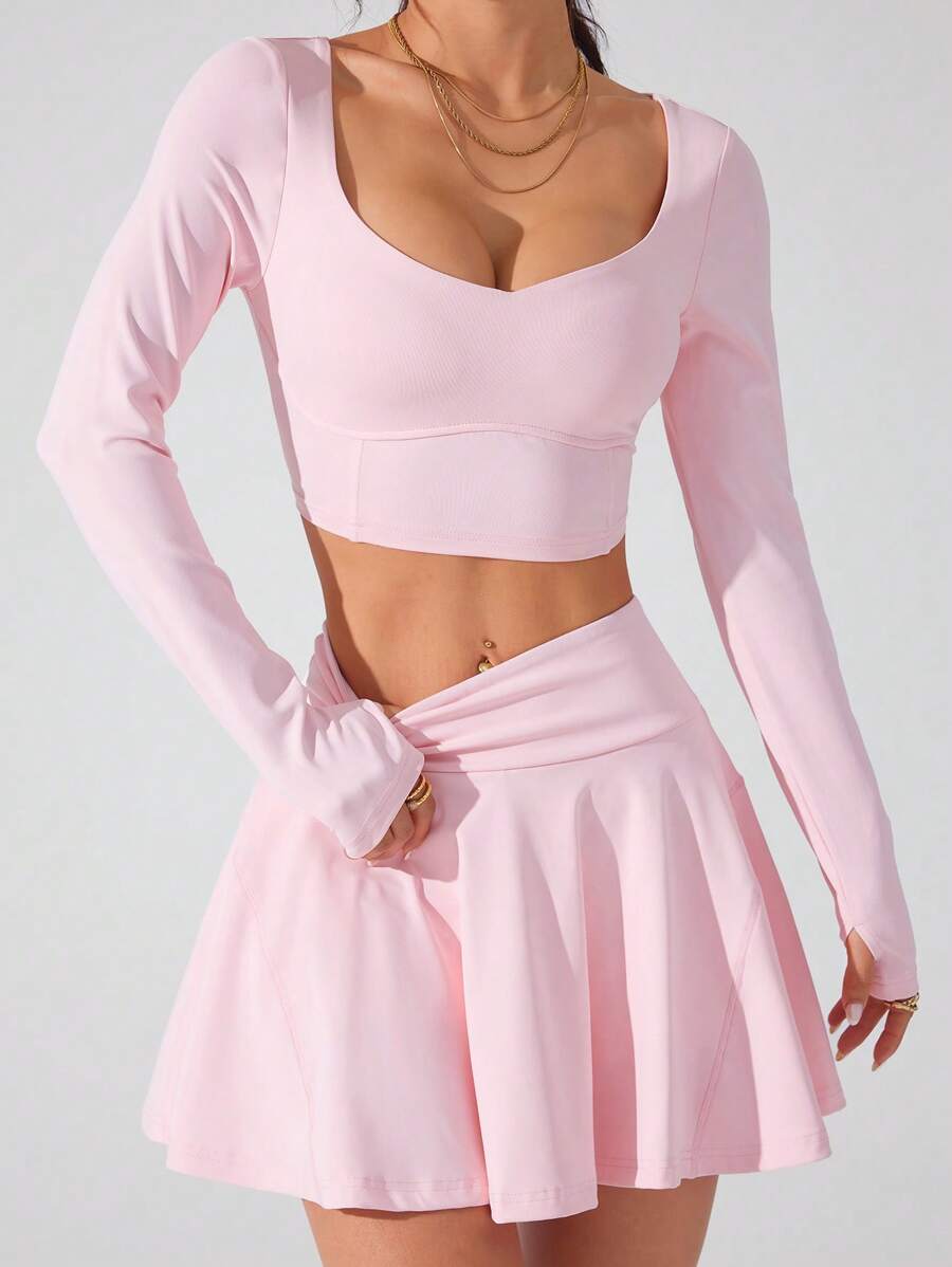 Easithlete 2pcs/Set Slim Fit Split Striped Long Sleeve Top And High-Low Ruffle Hem Skirt Set - Pink - View 1