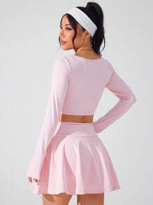 Easithlete 2pcs/Set Slim Fit Split Striped Long Sleeve Top And High-Low Ruffle Hem Skirt Set - Pink - View 2