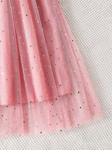 2 件套青少年女孩休闲亮片装饰圆领短袖 T 恤 + 优雅闪亮网眼亮片裙，春夏 - 珊瑚粉 - 查看 3