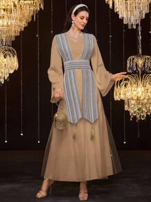 Al Najma Elegant Women's Arabic Stitching Knit Splice Dress, Modest - Camel - View 5