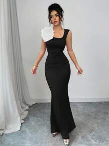 Rafferiza Women's Solid Color Splice Ruched Waist Mermaid Elegant Long Dress - Black - View 4