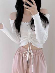 DAZY Off-Shoulder Pleated Form-Fitting Short Women T-Shirt,Off Shoulder Top Going Out Tops - White - View 9