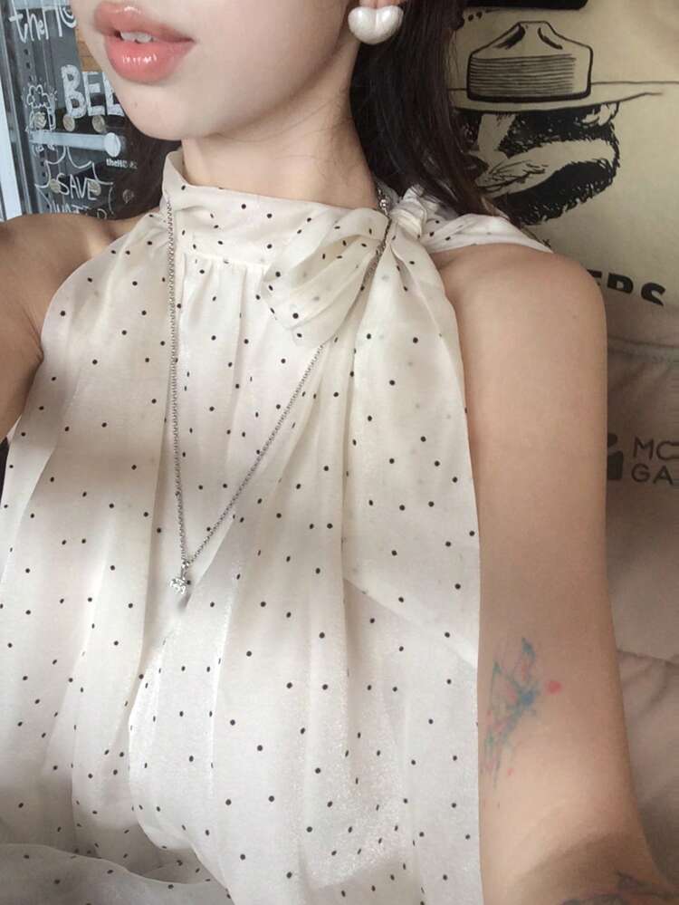 Bowknot Neck Loose Polka Dot Sleeveless Blouse Going Out Tops Fall