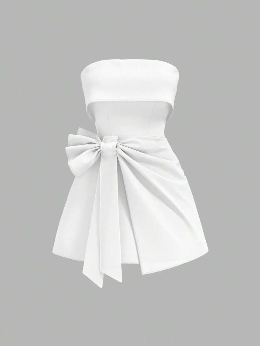 SHEIN MOD 女士白色露肩蝴蝶结装饰迷你连衣裙、派对连衣裙、生日连衣裙、情人节连衣裙 - 白色 - 查看 1