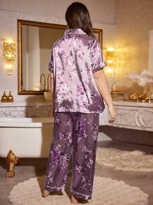 MuseNap CURVE Plus Size Floral Print Faux Silk Short Sleeve Top And Pants Pajama Set - Multicolor - View 2