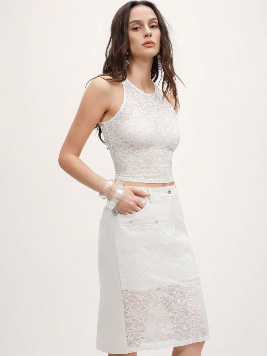 SHEIN LUNE 2 件套：蕾丝边吊带背心和蕾丝拼布直筒裙 - 白色 - 查看 1