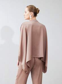 Aveloria Modichic Women's 2 Pieces Set High-Quality Satin Stand Collar Cape Design Shirt With Loose Straight Leg Pants,Shades Of Brown,Autumn,Chic,Lounge Fashion Suit - Khaki - View 2