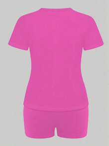 INAWLY Leopard Print & Slogan Pattern Casual 2 Pieces Set For New Year Clothes - Hot Pink - View 2