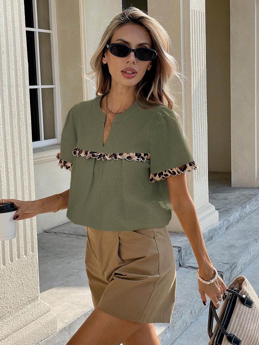 SHEIN Frenchy Women's Leopard Print Cutout Collar Summer Casual Short Sleeve Shirt Cheetah Green Christmas - Green - View 1