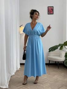 SHEIN Clasi Vestido largo de línea A con cintura para mujer de talla grande en unicolor - Azul - Ver 5