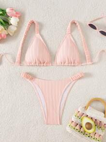 Swim Mod Conjunto de traje de baño de dos piezas con textura lisa, con almohadillas extraíbles y diseño fruncido - Rosa - Ver 6