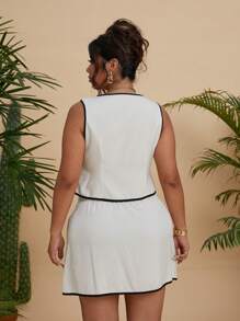 Calvaya White Contrast Trim Business Casual Minimalist Blazer Vest And Mini Skirt 2Pcs Suit, Chic & Stylish For Spring/Summer Graduation,Back To School,Teacher Outfits For Women - Apricot - View 2