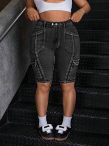 SHEIN ICON Plus Size Summer Casual Distressed Skinny Denim Shorts - Black - View 1