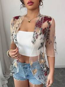 INAWLY Women's Elegant Floral Embroidered Mesh Ruffle Trim Short Sleeve Lightweight Cardigan, Summer - Clear - View 5
