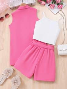3pcs/Set Tween Girl Rose Red Sleeveless Jacket, White Tank Top & Casual Shorts, Spring & Summer,Holiday,Summer,Travel - Hot Pink - View 2