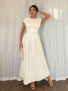 Rafferiza Women's Solid Color Round Neck Pleated Long Casual Summer Dress - Apricot - View 5