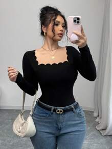 Arcane Artistry Áo thun nữ cổ vuông tay dài màu đen viền bèo nhún thanh lịch ôm sát vừa vặn - màu đen - Xem 1