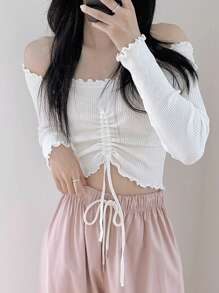 DAZY Off-Shoulder Pleated Form-Fitting Short Women T-Shirt,Off Shoulder Top Going Out Tops - White - View 4