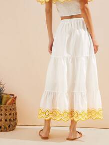 WESTFADE Western Country Spring Colorblock Floral Embroidered Smocked Waist Ruffle Hem Skirt For Summer Beach Vacation