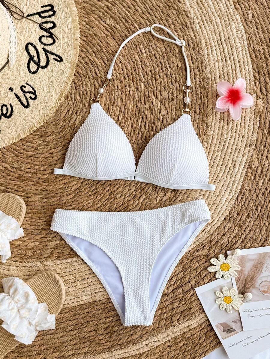 SHEIN Teen Girls' Textured Knitted Halter Necklace Design Swimsuit Set, Vacation Casual Beachwear