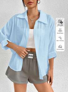 SHEIN PETITE Áo sơ mi trắng tay cánh dơi trơn màu trắng mùa xuân - Màu xanh nhạt - Xem 8