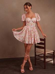 Savoree New Arrival Women's French Square Neckline Ditsy Floral Waist Cinched Puff Sleeve Summer Dress, Suitable For Beach, Festival, Holiday, Sexy Party Outfits