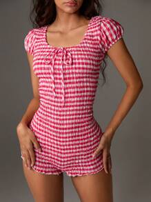 TRNVIE 度假格子可爱泡泡袖方领百搭女式连体裤