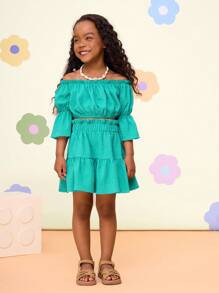 Conjunto de 2 piezas para niña joven con top de hombros descubiertos de manga abullonada y falda mini en color sólido