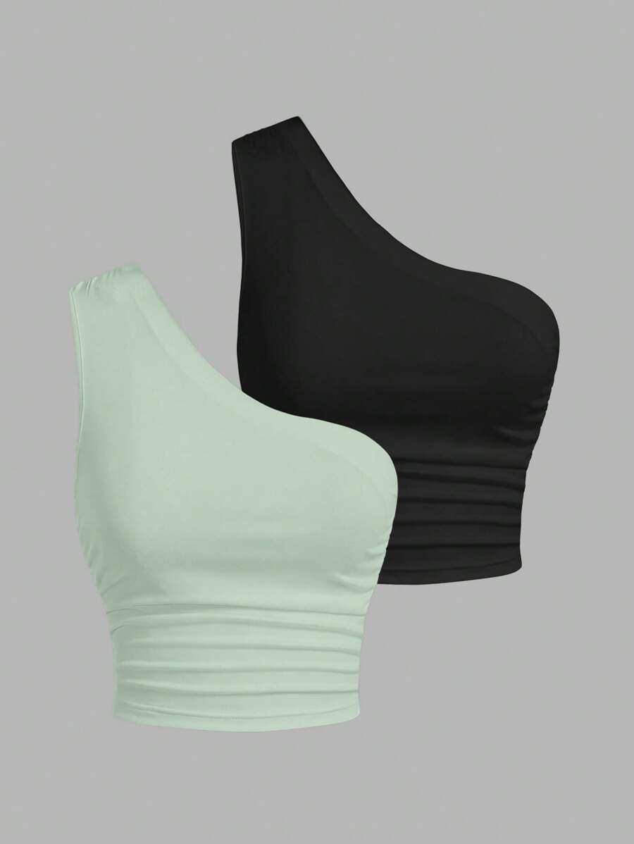 SHEIN EZwear Two-Piece Set Women Black & Mint Green Knitted One Shoulder Top - Mint Green - View 1