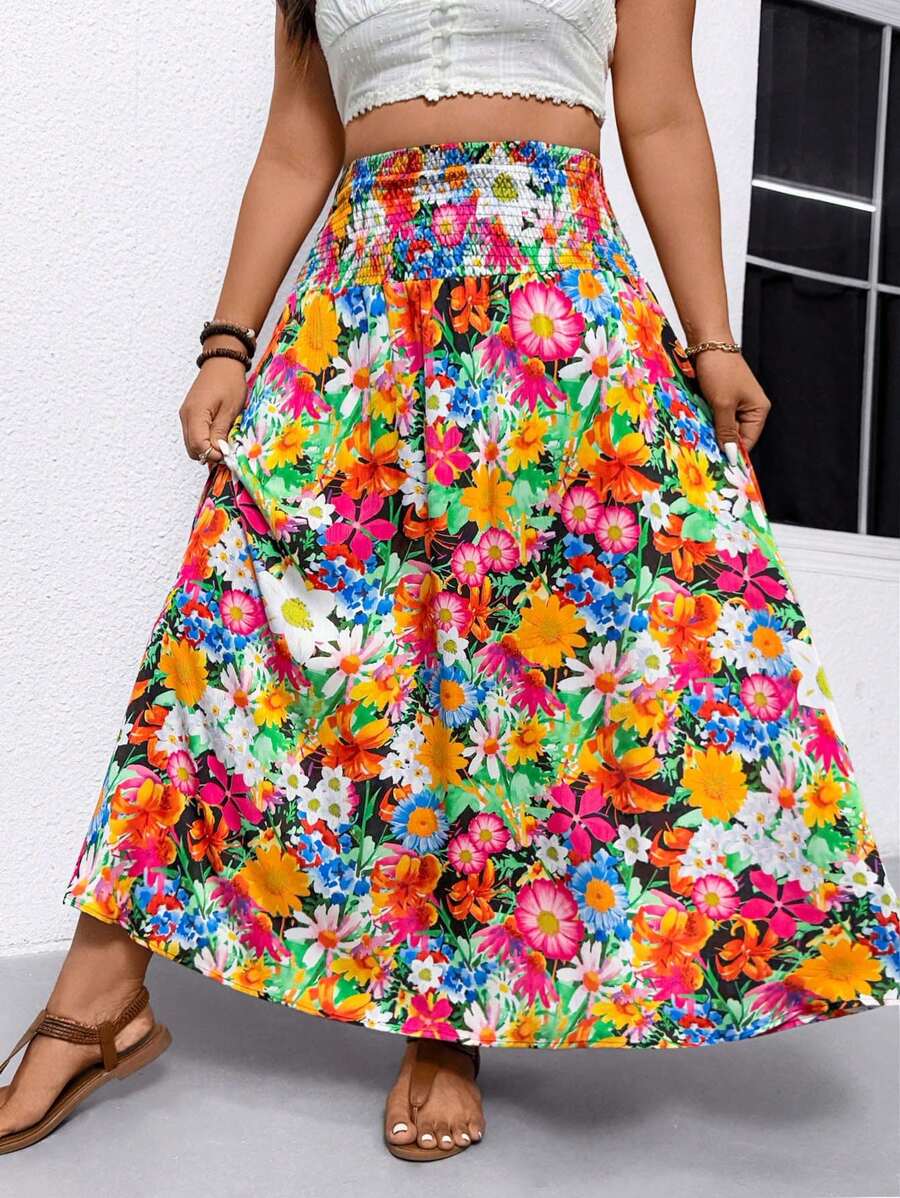 Breezaya 大码女式花卉印花褶皱腰休闲假日 A 字裙，适合度假和日常通勤 - 彩色 - 查看 1